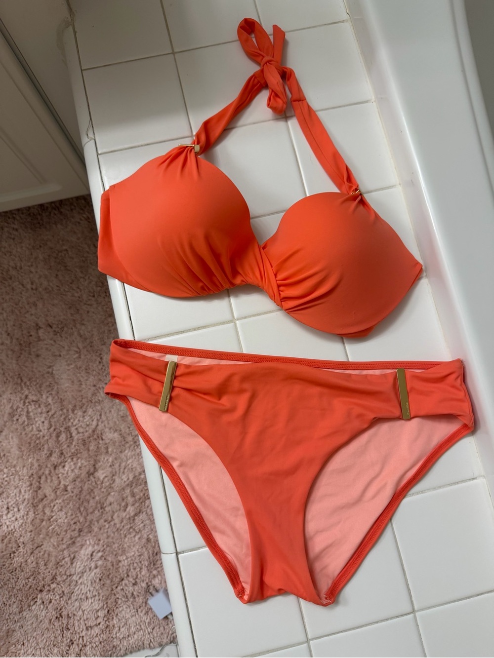 Victoria's Secret Orange Halter Bikini Set with Gold Accents